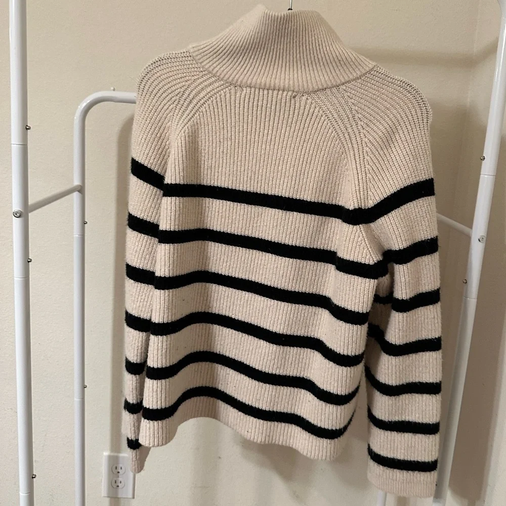 Zara Black and Cream Striped Turtleneck Sweater Half Quarter Zip - Picture 3 of 8